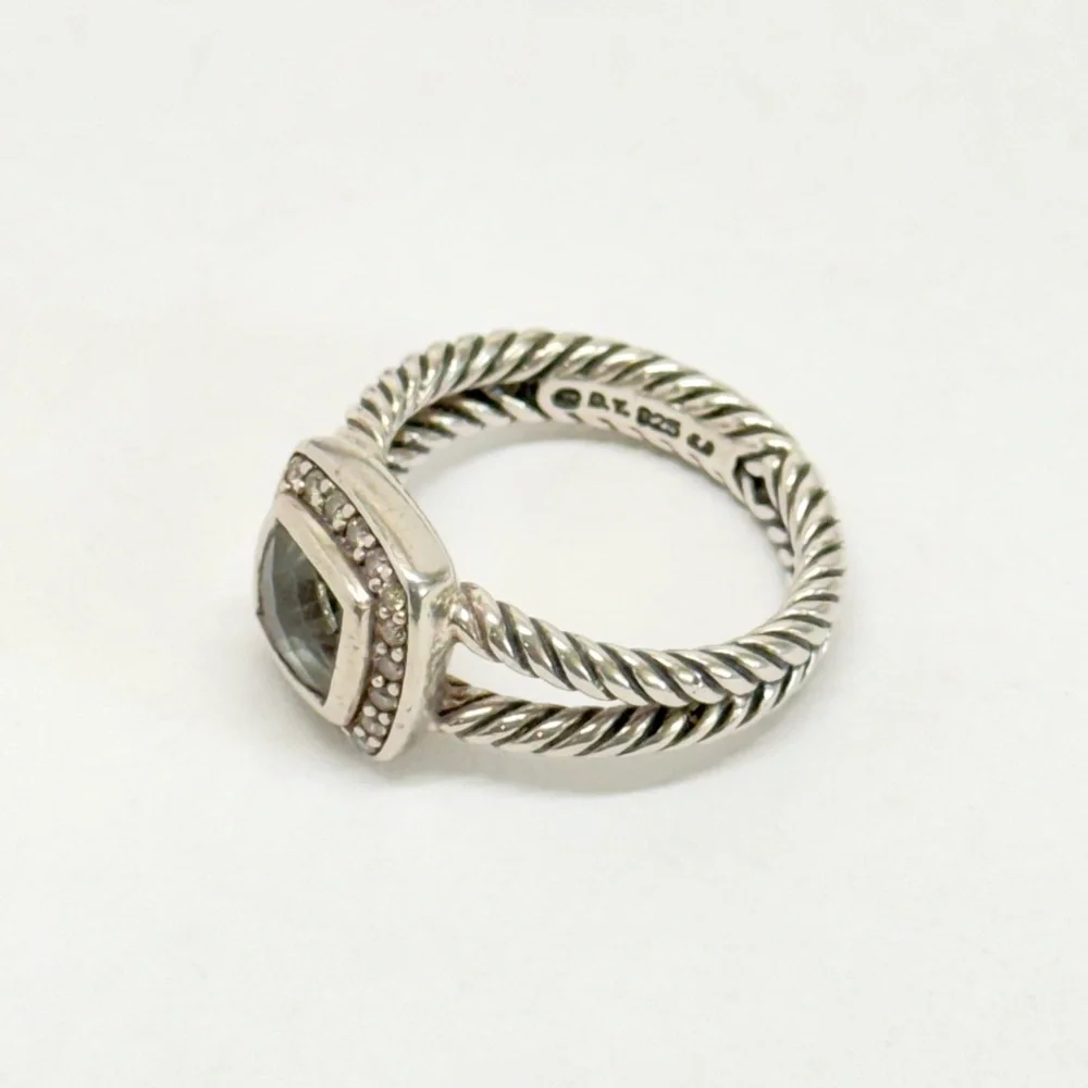 David Yurman Petite Albion Prasiolite Diamond Ring .925 Sterling Silver Sz 7